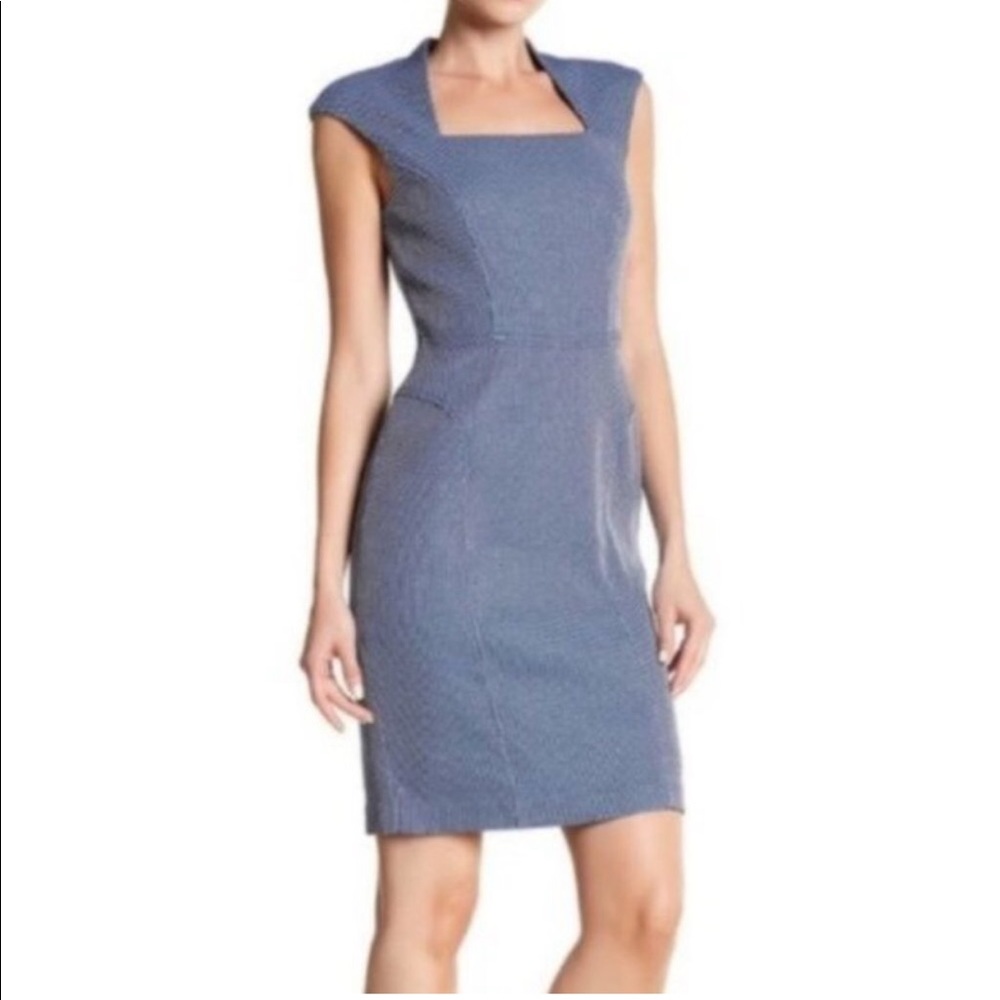Adrianna Papell blue white polka dot bolero neckline sheath dress